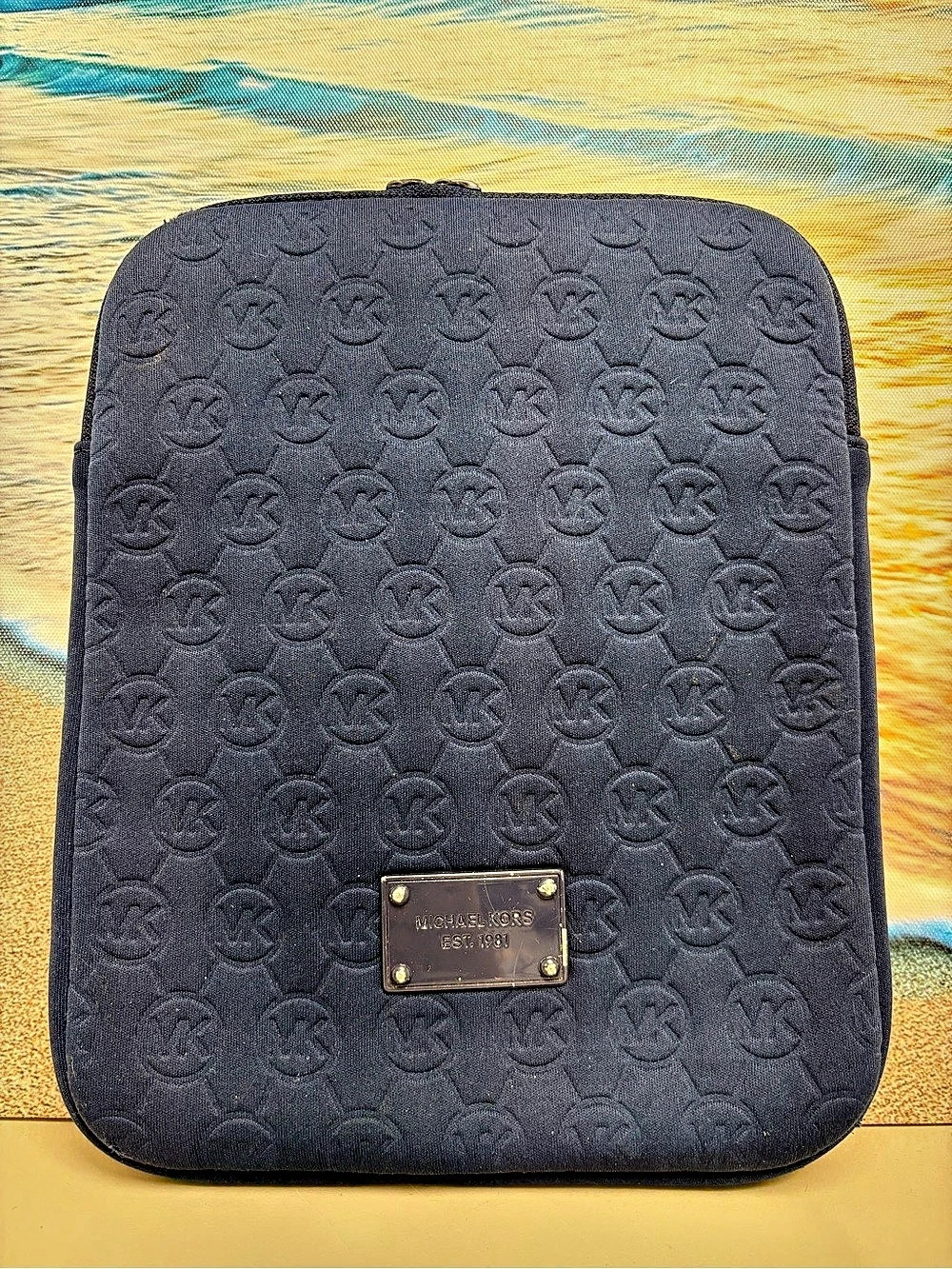 Michael Kors Navy Blue Embossed MK Monogram Neoprene iPad Tablet Zip Sleeve Case